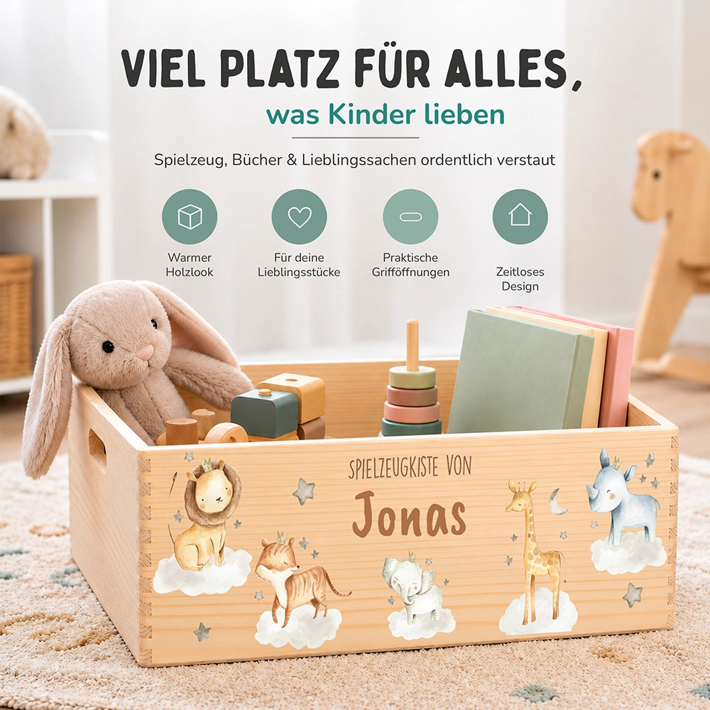 Spielzeugkiste personalisiert mit Namen - Wilde Safari