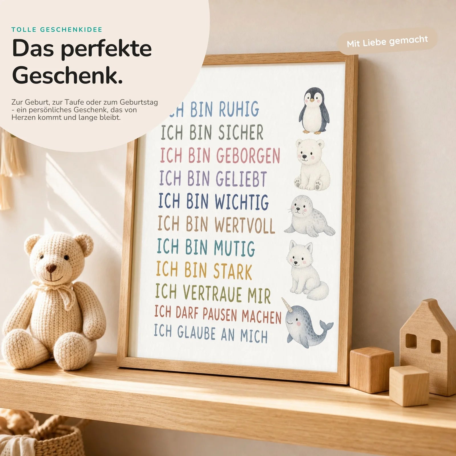 Affirmationsposter Kinderzimmer Arktistiere, mit optionalem Holzrahmen