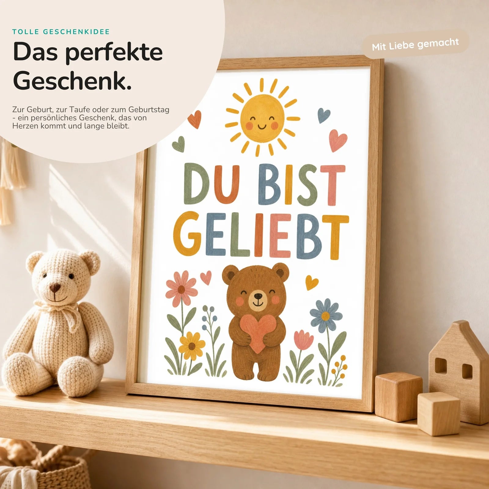 Affirmationsposter Kinderzimmer Bär Du bist geliebt, mit optionalem Holzrahmen