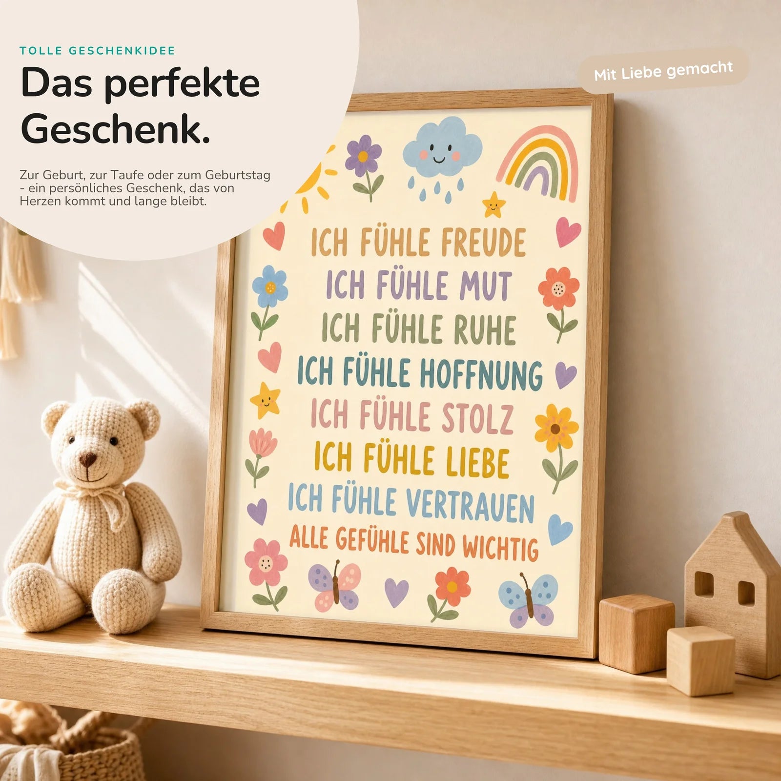Affirmationsposter Kinderzimmer Blumenwiese Gefühle, mit optionalem Holzrahmen