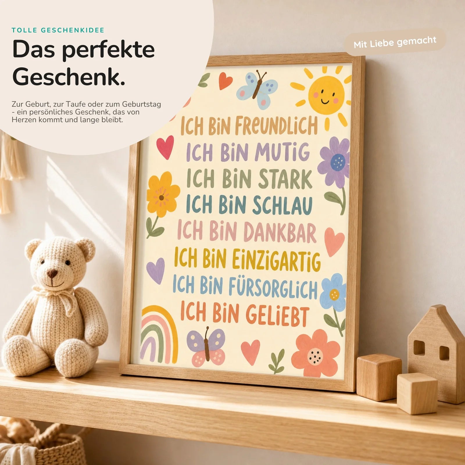 Affirmationsposter Kinderzimmer Blumenwiese Ich bin freundlich, mit optionalem Holzrahmen