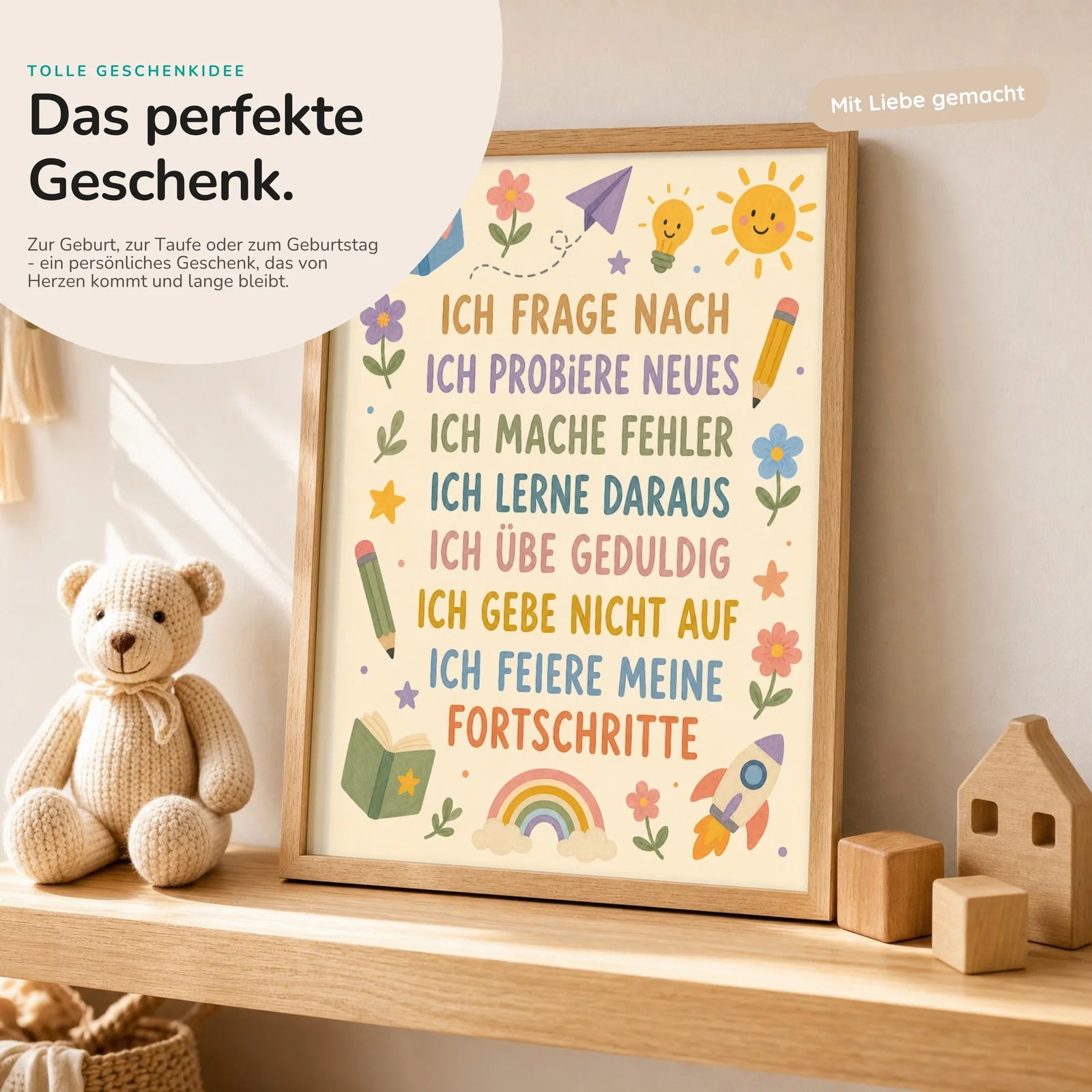 Affirmationsposter Kinderzimmer Blumenwiese Ich frage nach, mit optionalem Holzrahmen