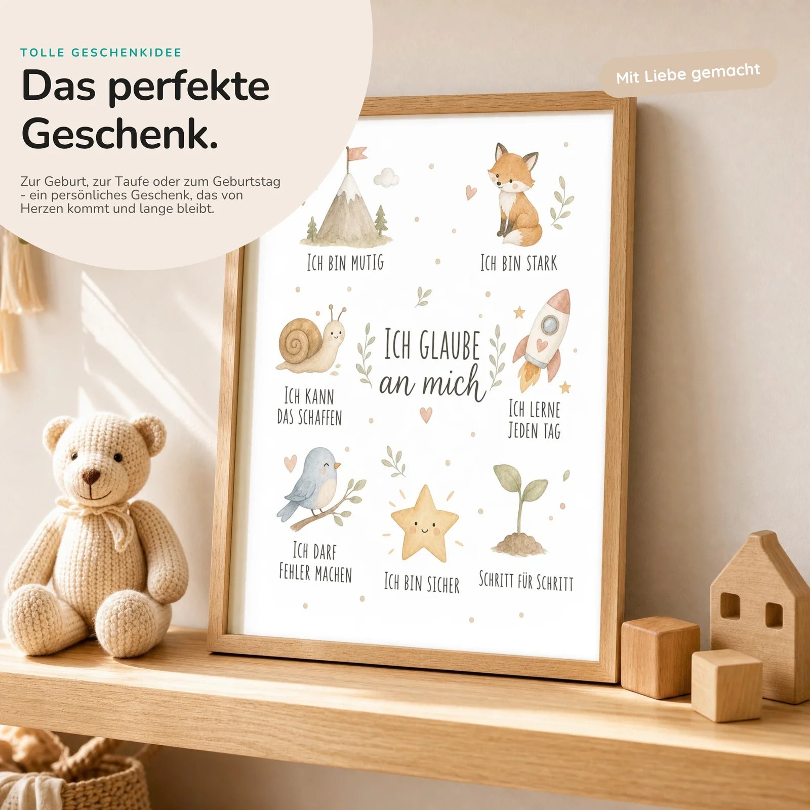 Affirmationsposter Kinderzimmer Collage Ich glaube an mich, mit optionalem Holzrahmen