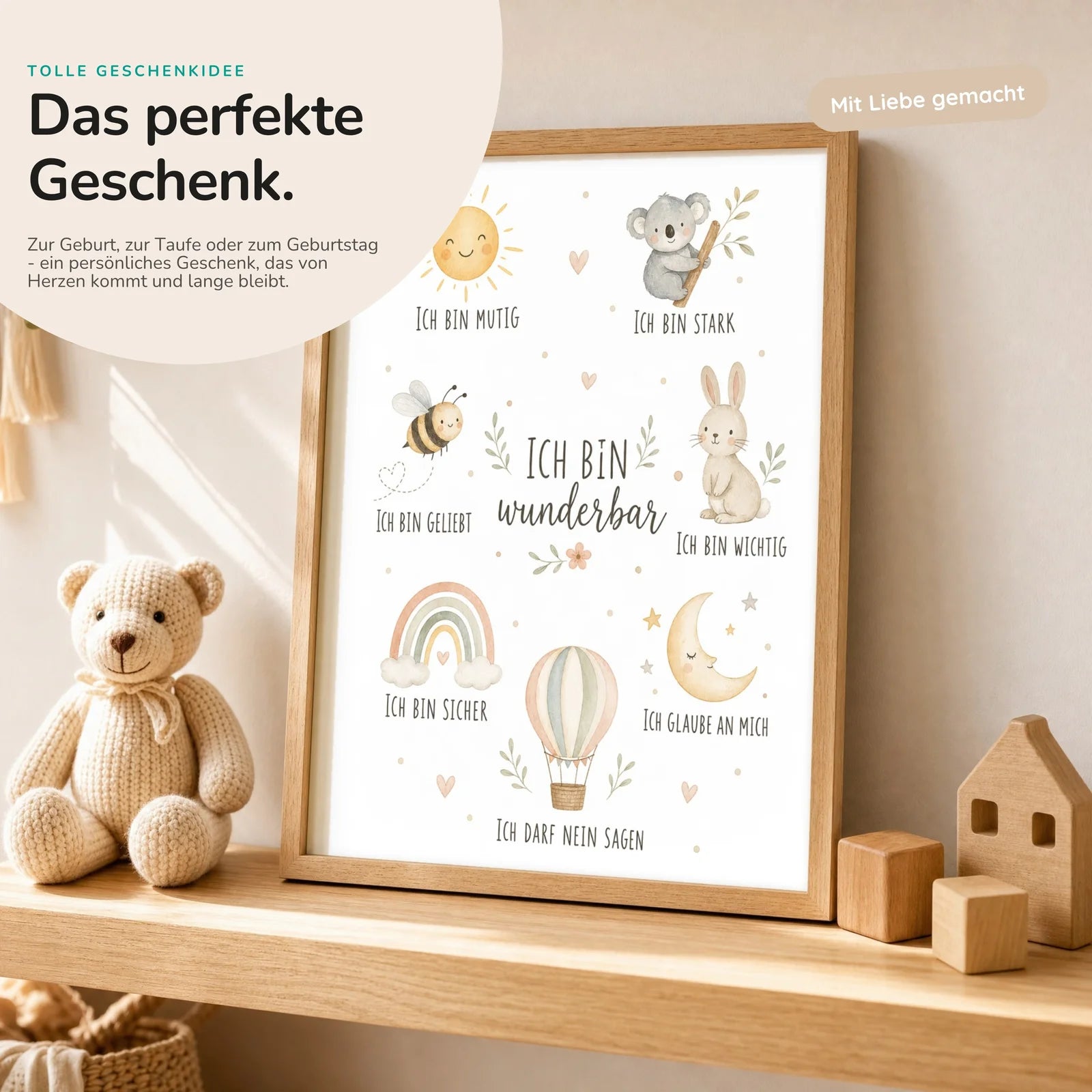 Affirmationsposter Kinderzimmer Collage Ich bin wunderbar, mit optionalem Holzrahmen