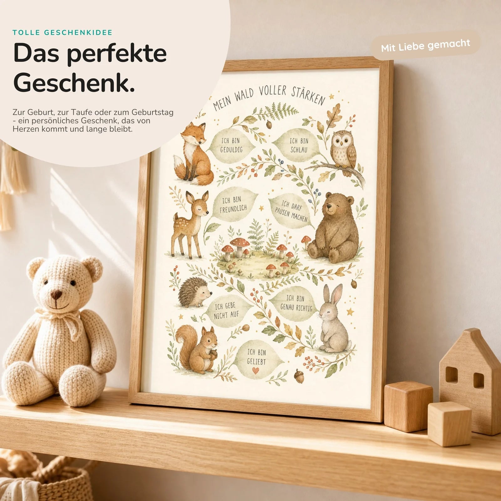 Affirmationsposter Kinderzimmer Wald voller Stärken, mit optionalem Holzrahmen