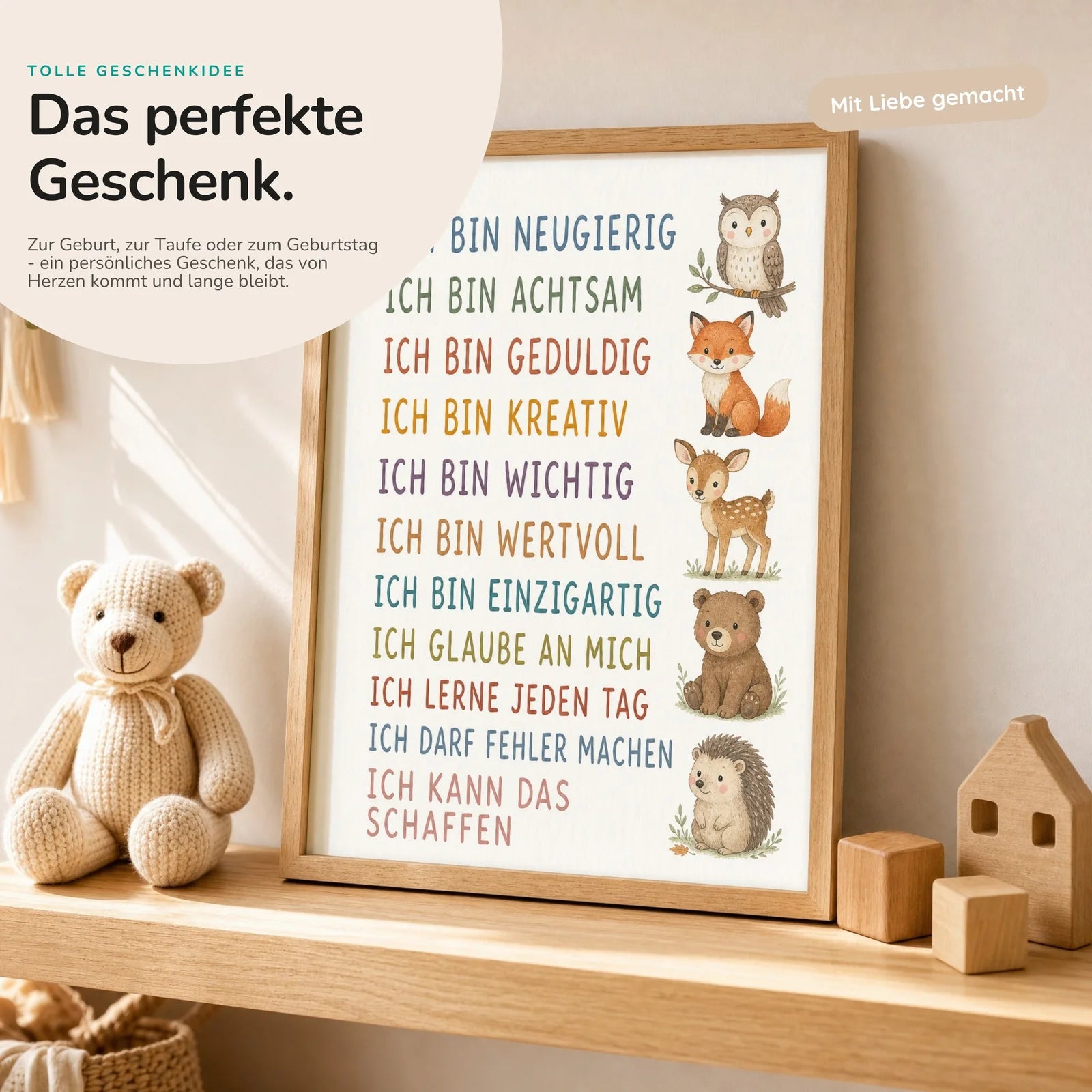 Affirmationsposter Kinderzimmer Waldtiere, mit optionalem Holzrahmen