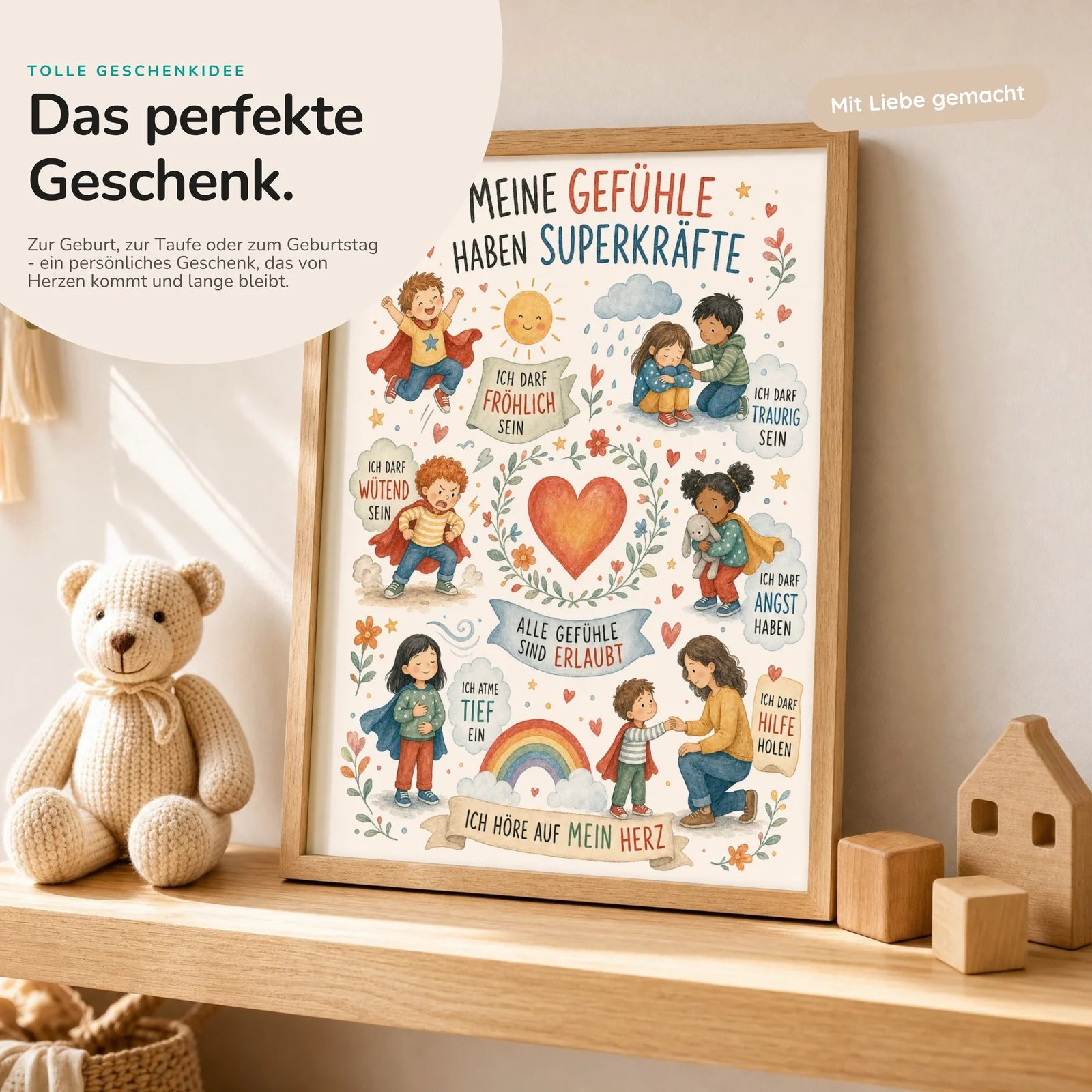 Affirmationsposter Kinderzimmer Wimmelbild Gefühle, mit optionalem Holzrahmen