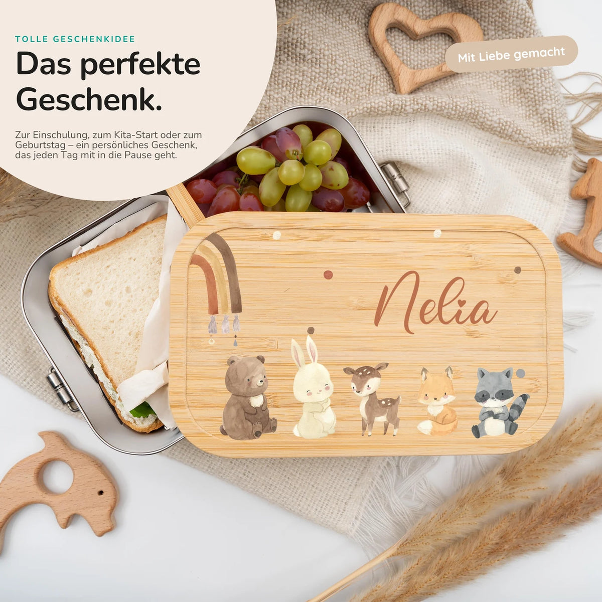 Brotdose Kinder personalisiert - Boho Tierfamilie Regenbogen