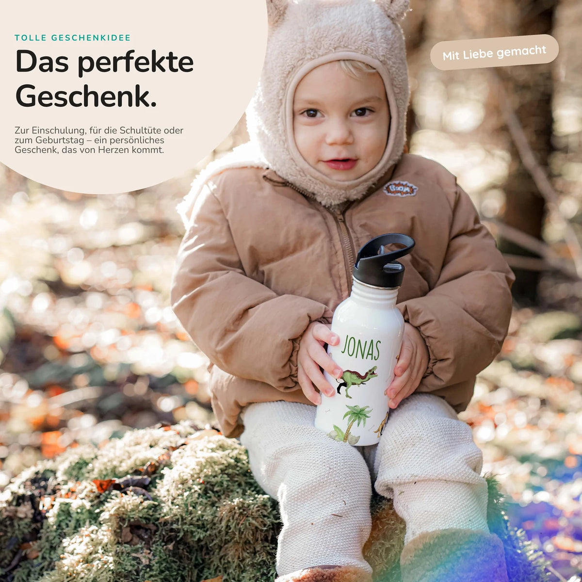 Trinkflasche Kinder Edelstahl - Dino Abenteuer - Personalisierbar mit Namen