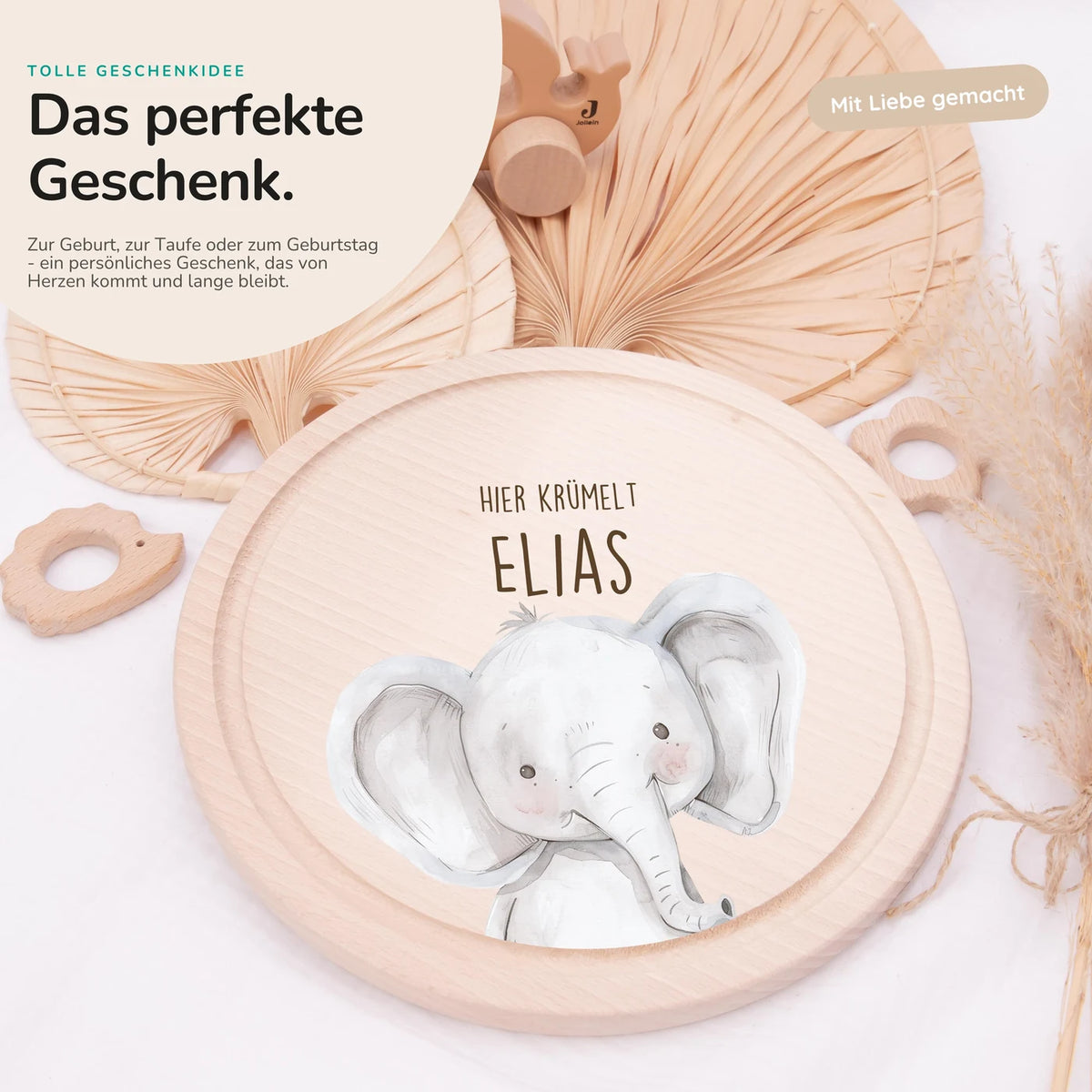 Rundes personalisiertes Frühstücksbrettchen Elefant mit Namen für Kinder