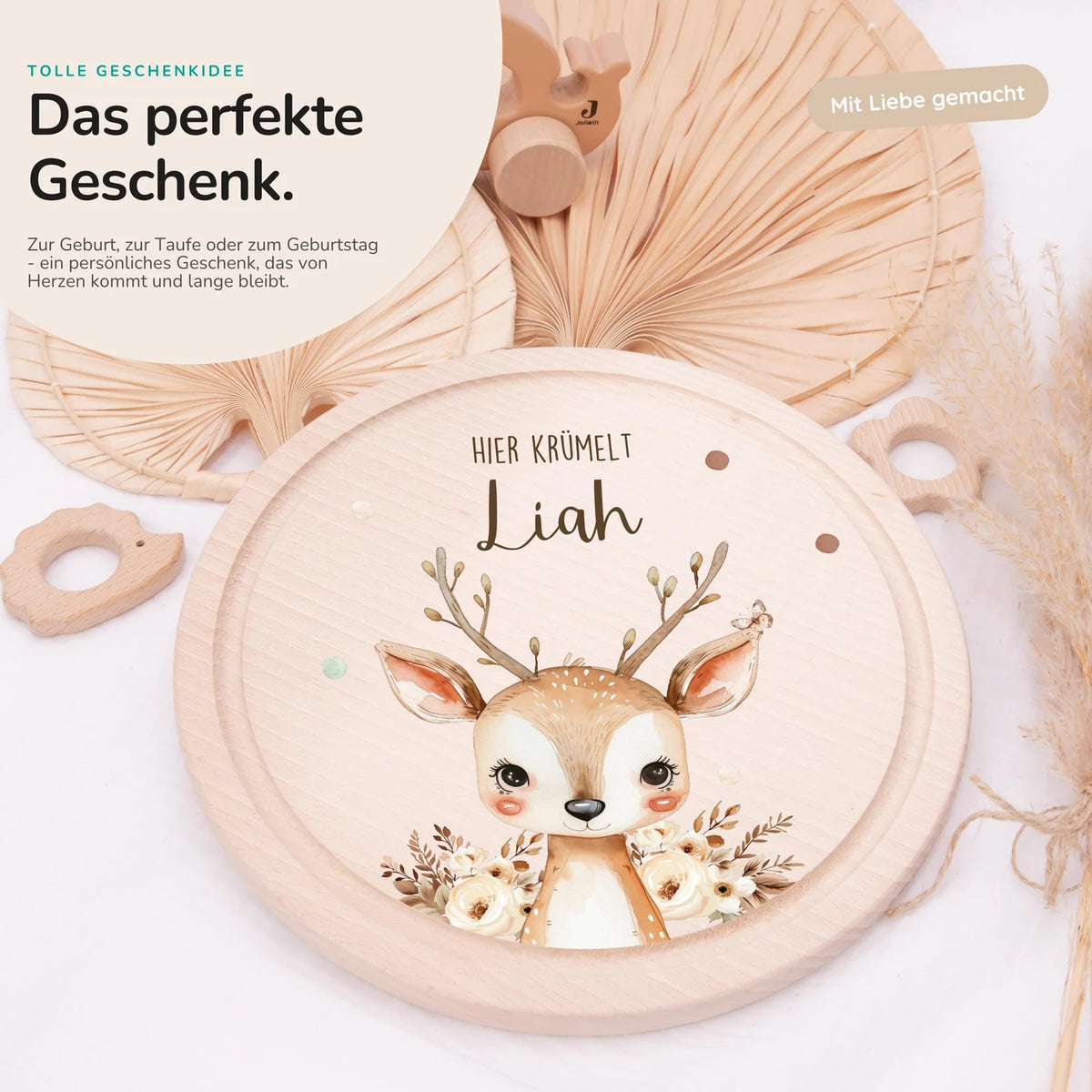 Rundes personalisiertes Frühstücksbrettchen Baby Reh mit Namen für Kinder
