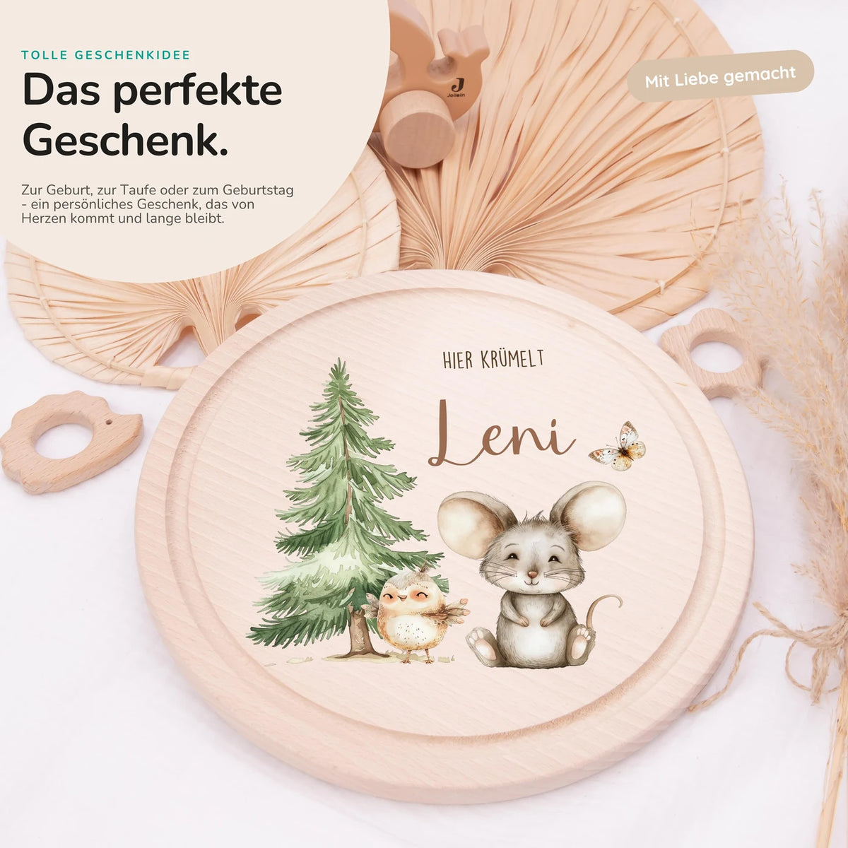 Rundes personalisiertes Frühstücksbrettchen Springmaus mit Namen für Kinder