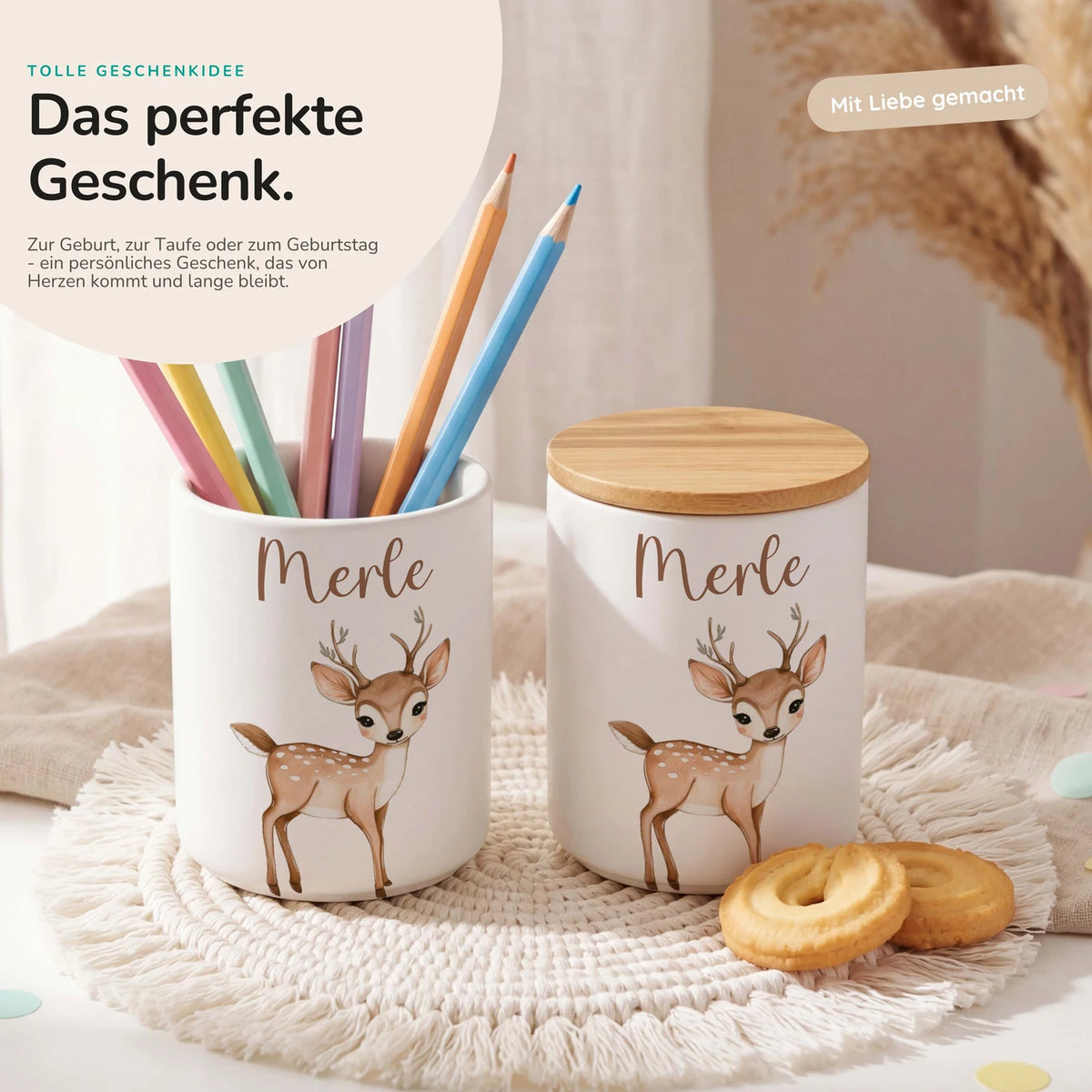 Personalisierte Keksdose Rehkitz Bambi – Keramik & Bambus mit Wunschname