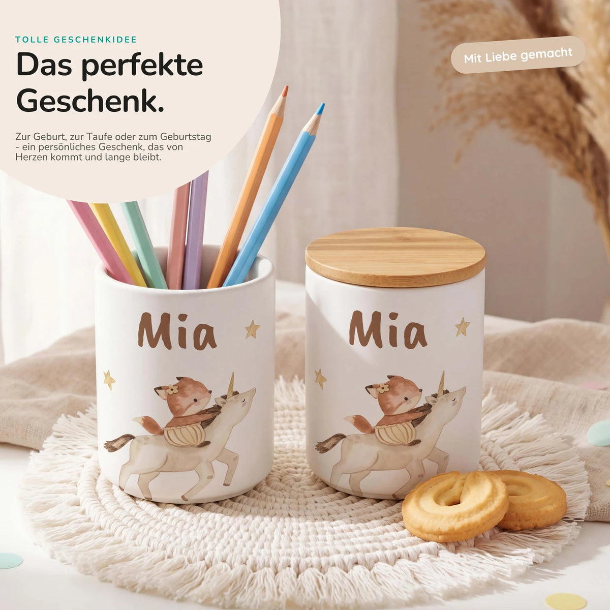 Personalisierte Keksdose Fuchs & Einhorn – Keramik & Bambus mit Wunschname