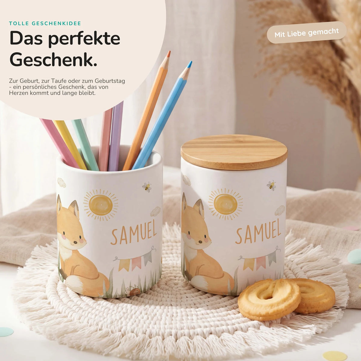 Personalisierte Keksdose Fuchs Sommer – Keramik & Bambus mit Wunschname