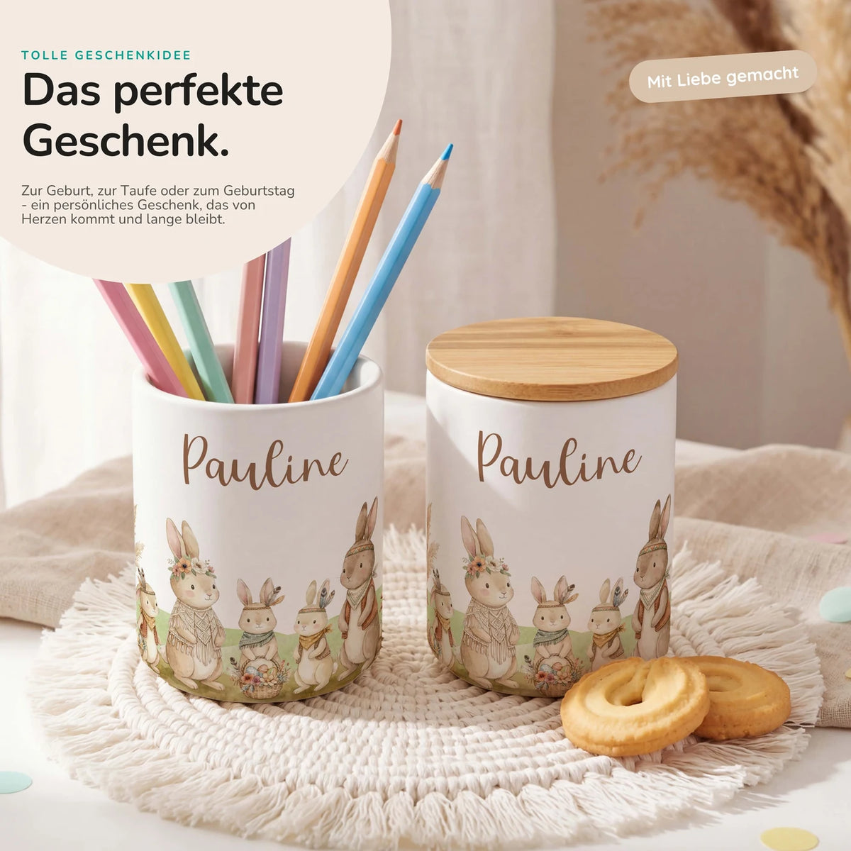 Personalisierte Keksdose Boho-Hasen – Keramik & Bambus mit Wunschname