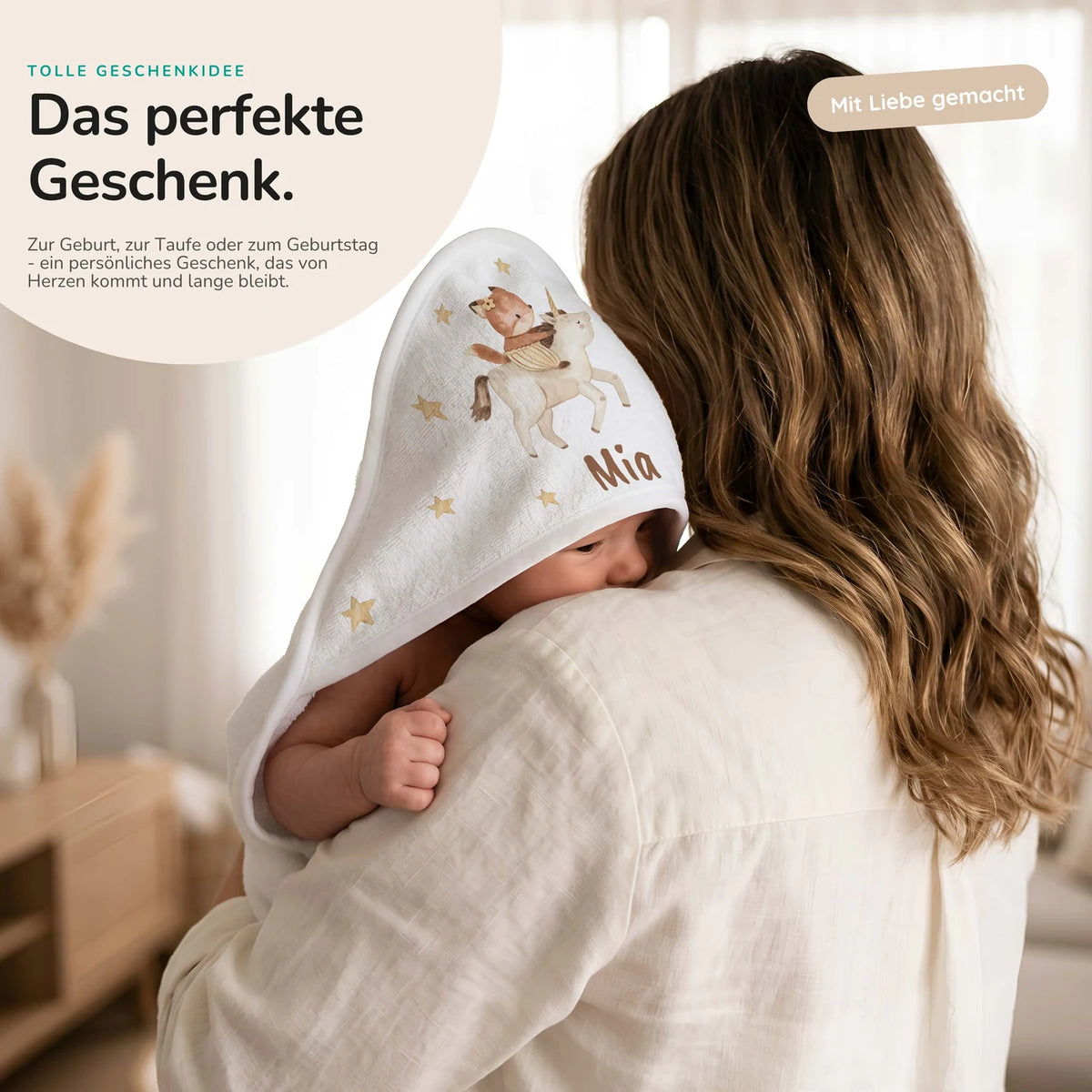 Personalisiertes Kapuzenhandtuch Baby – Einhorn Reiterin