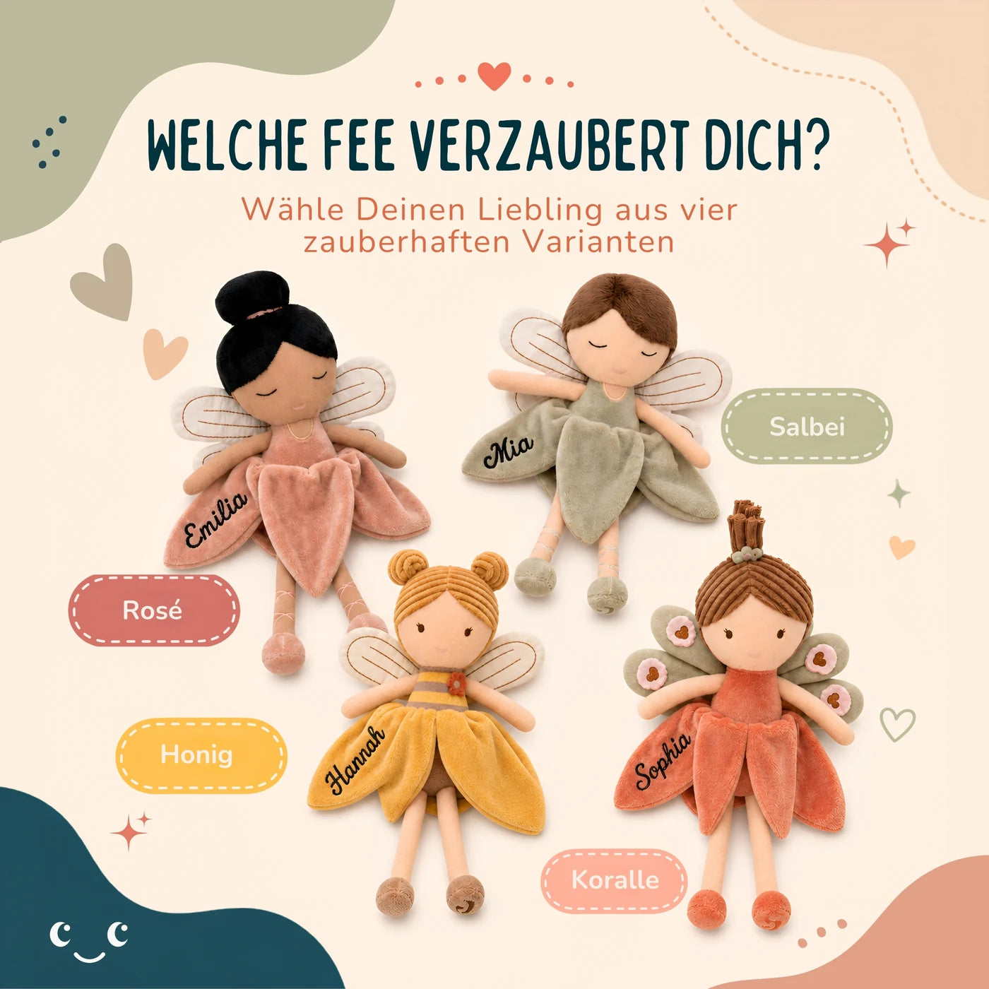 Jollein Stoffpuppe Fee Salbei, alle vier Designs Honig, Koralle, Salbei und Rosé zur Auswahl