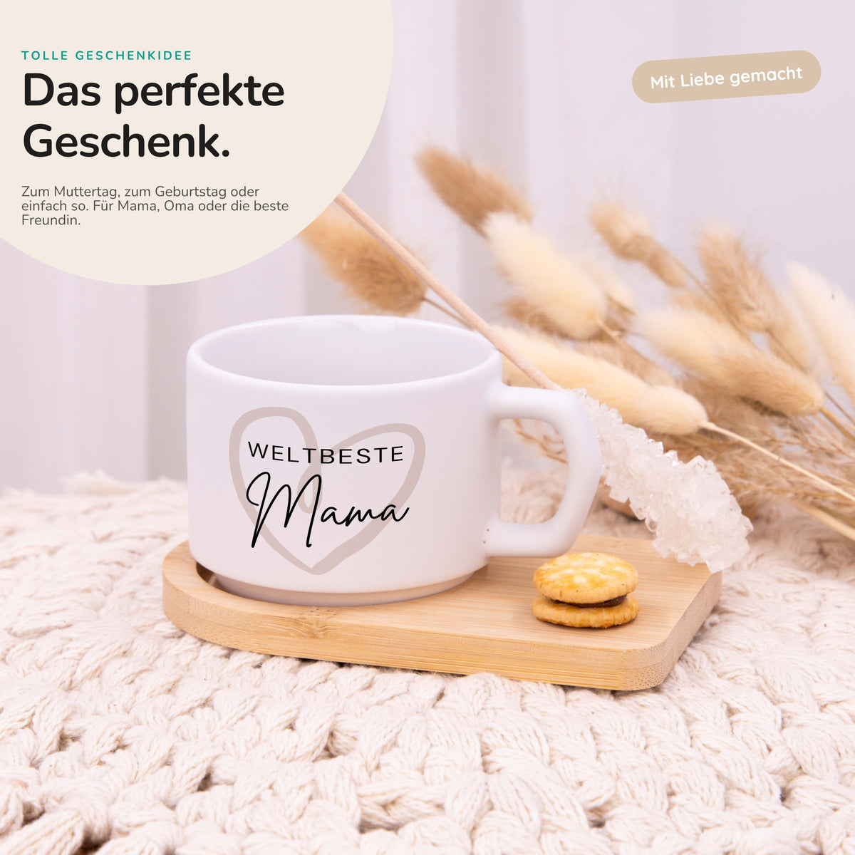Muttertagsgeschenk Keramikbecher mit Untersetzer – Weltbeste Mama Herz