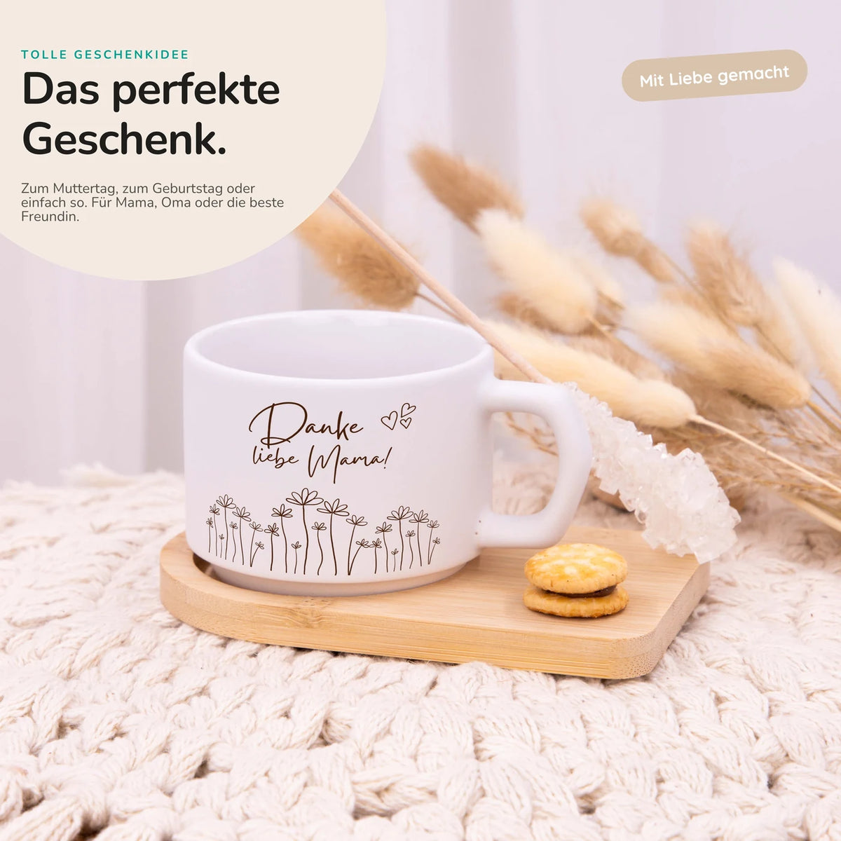 Muttertagsgeschenk Keramikbecher mit Untersetzer – Danke liebe Mama Blumenwiese