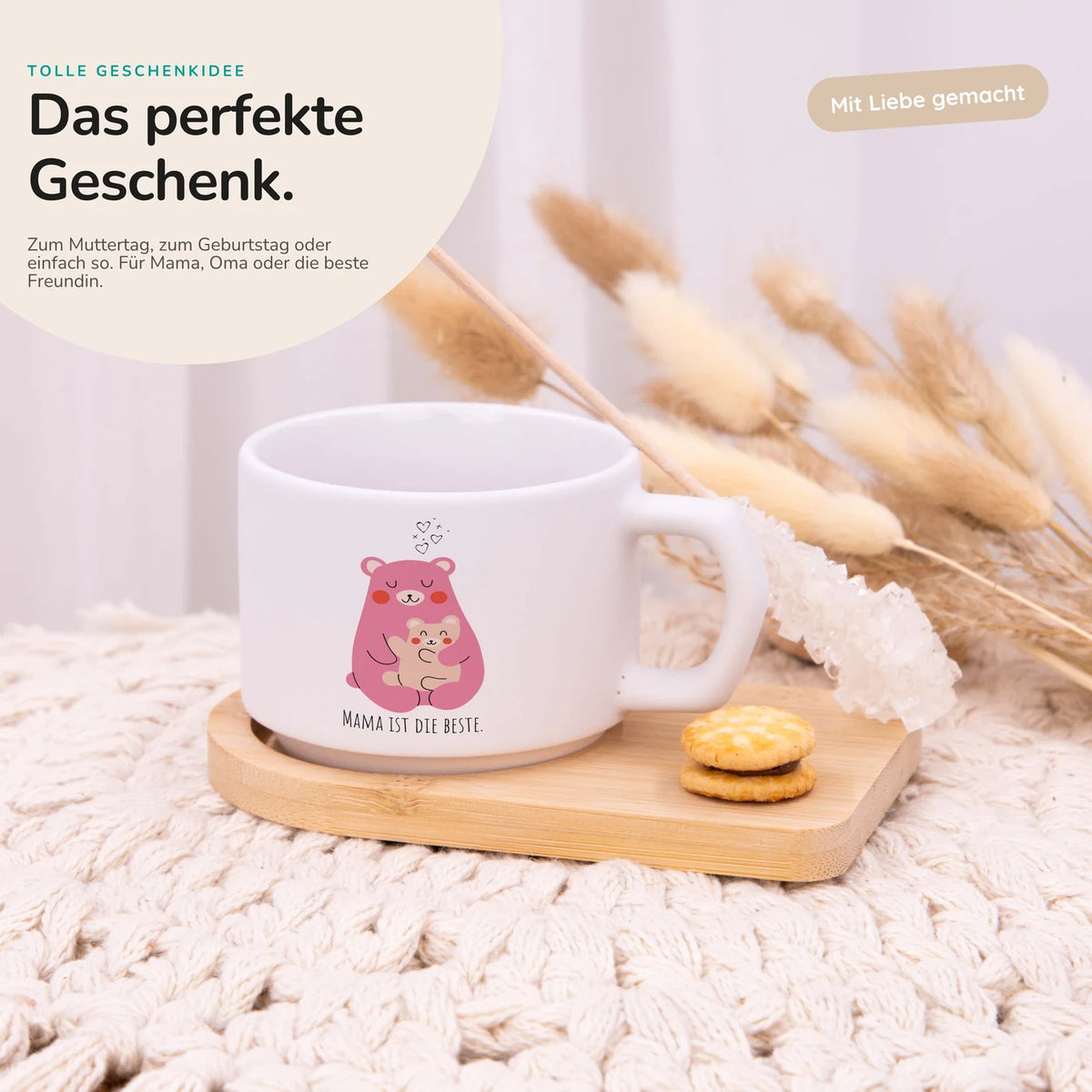Muttertagsgeschenk Keramikbecher mit Untersetzer – Bär Mama & Kind
