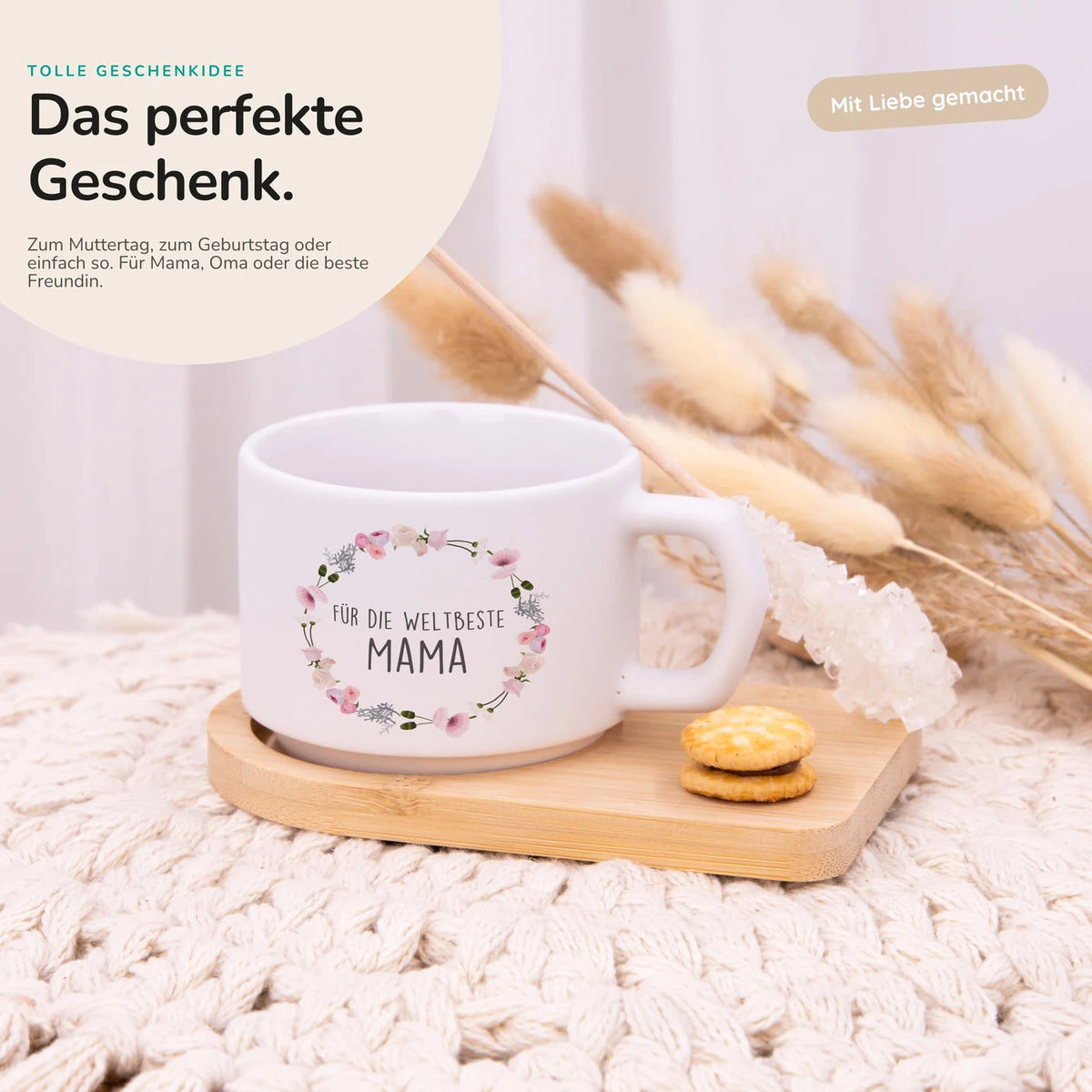Muttertagsgeschenk Keramikbecher mit Untersetzer – Blumenkranz Weltbeste Mama