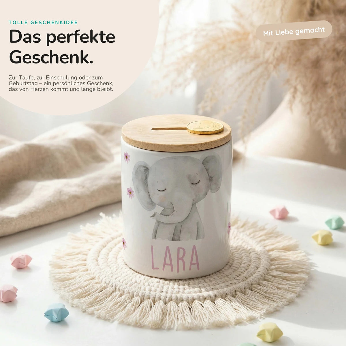 Personalisierte Spardose Elefant Blumen – Keramik & Bambus mit Wunschname