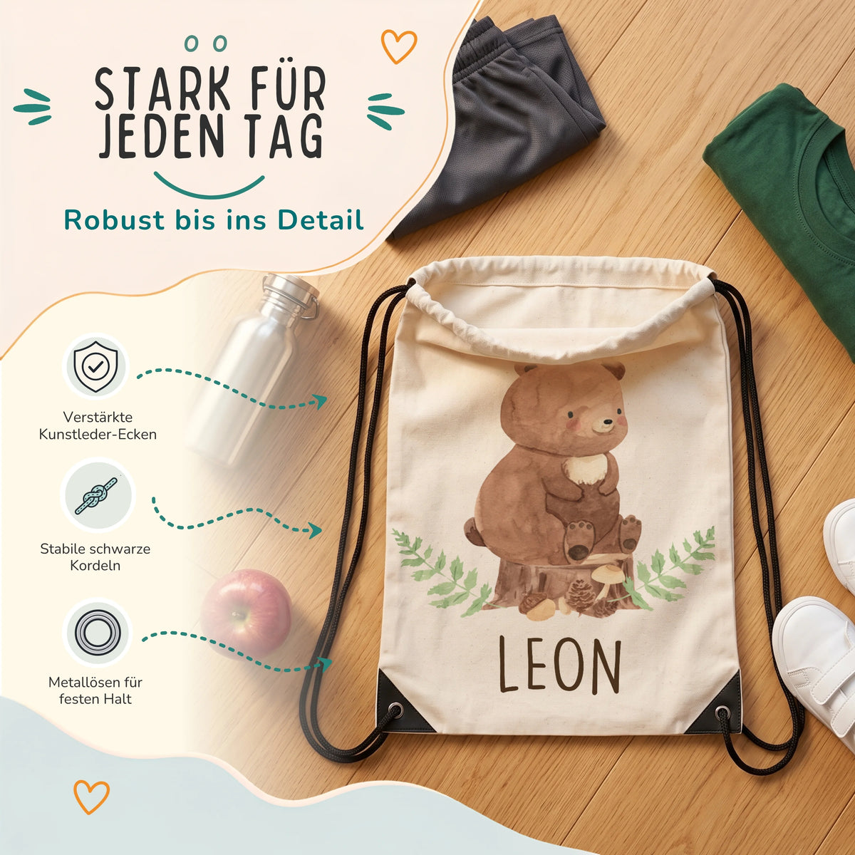 Personalisierter Turnbeutel Bär, verstärkte Kunstleder-Ecken und Metallösen im Detail