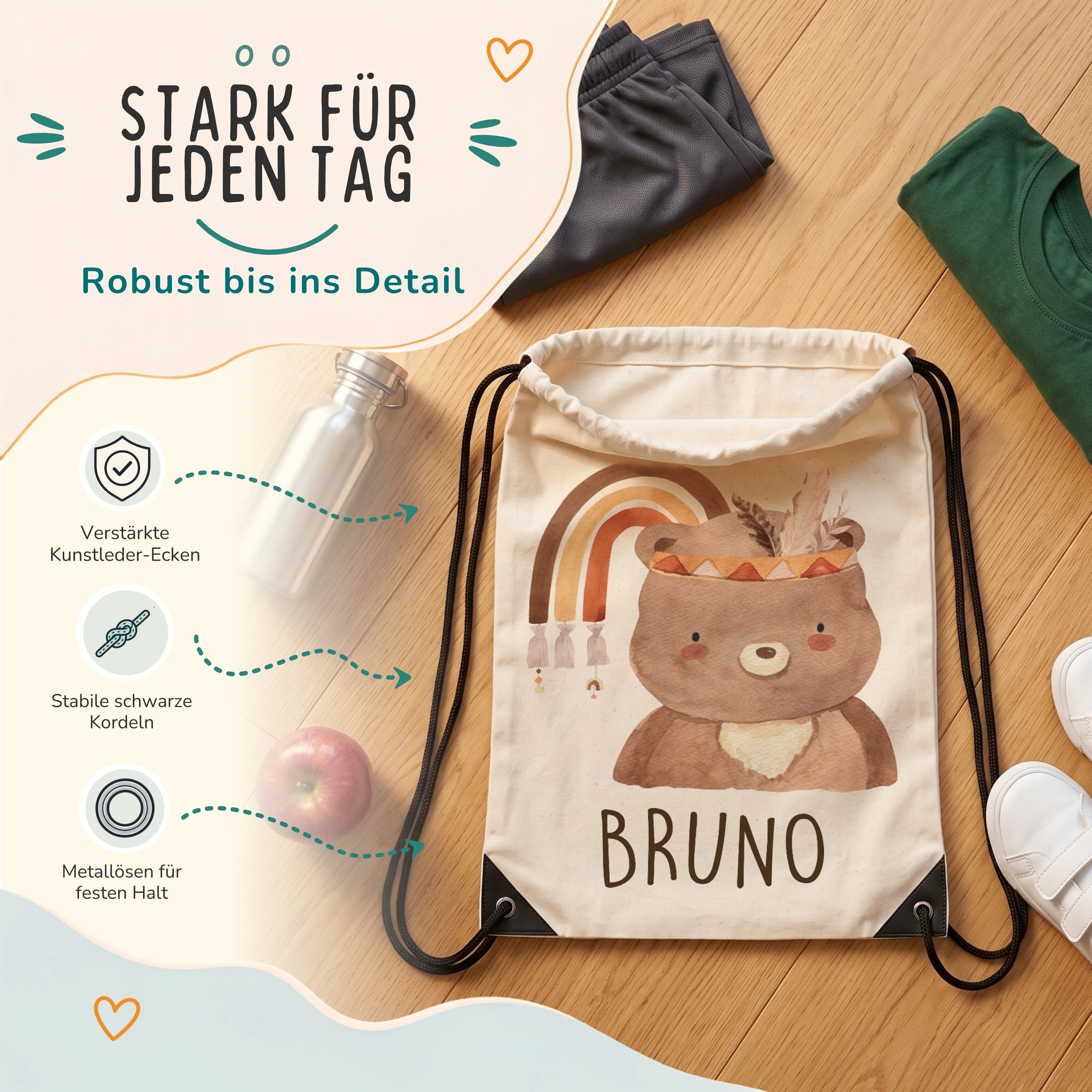 Personalisierter Turnbeutel Bär mit Regenbogen, verstärkte Kunstleder-Ecken und Metallösen im Detail