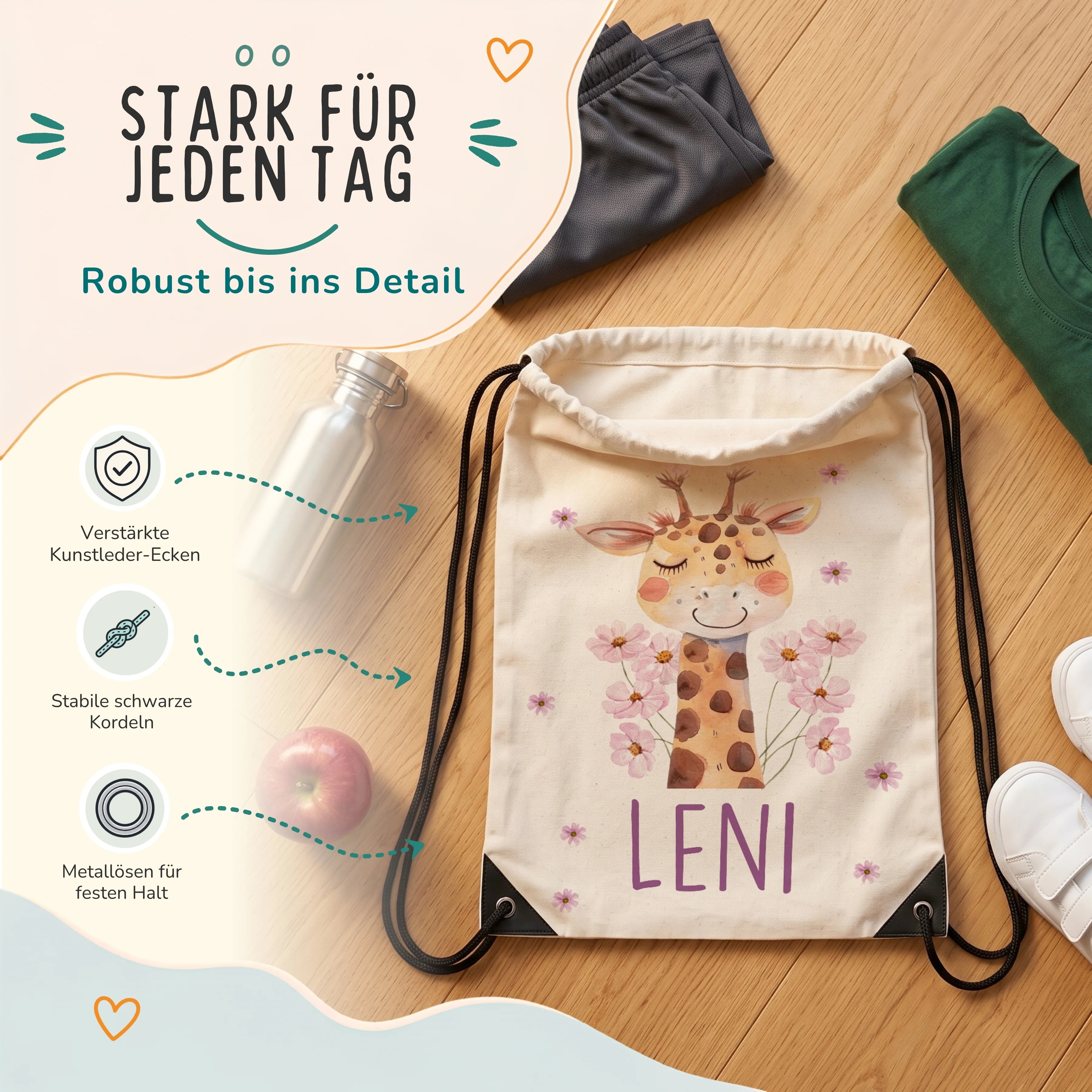 Personalisierter Turnbeutel Giraffe, verstärkte Kunstleder-Ecken und Metallösen im Detail