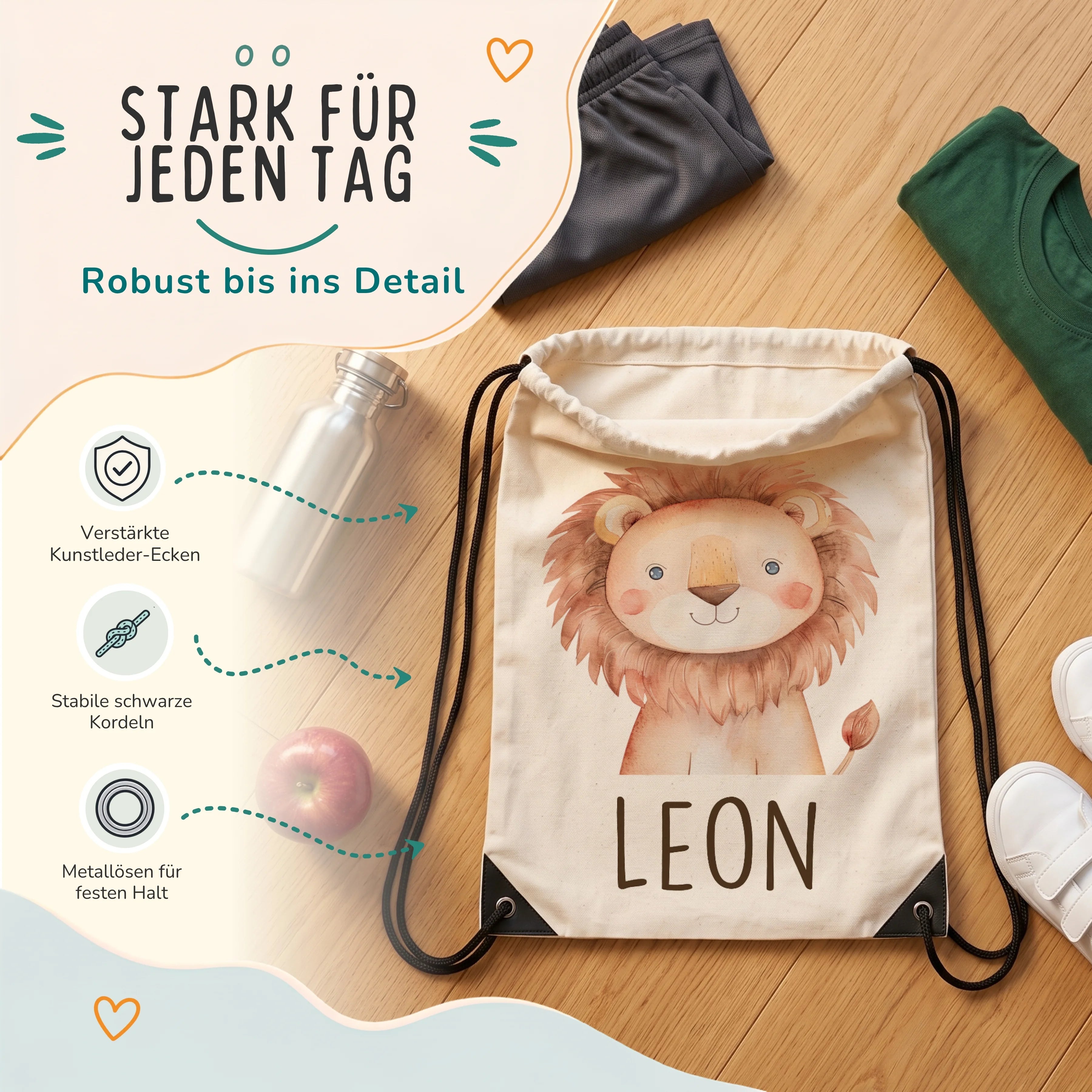 Personalisierter Turnbeutel Löwe, verstärkte Kunstleder-Ecken und Metallösen im Detail
