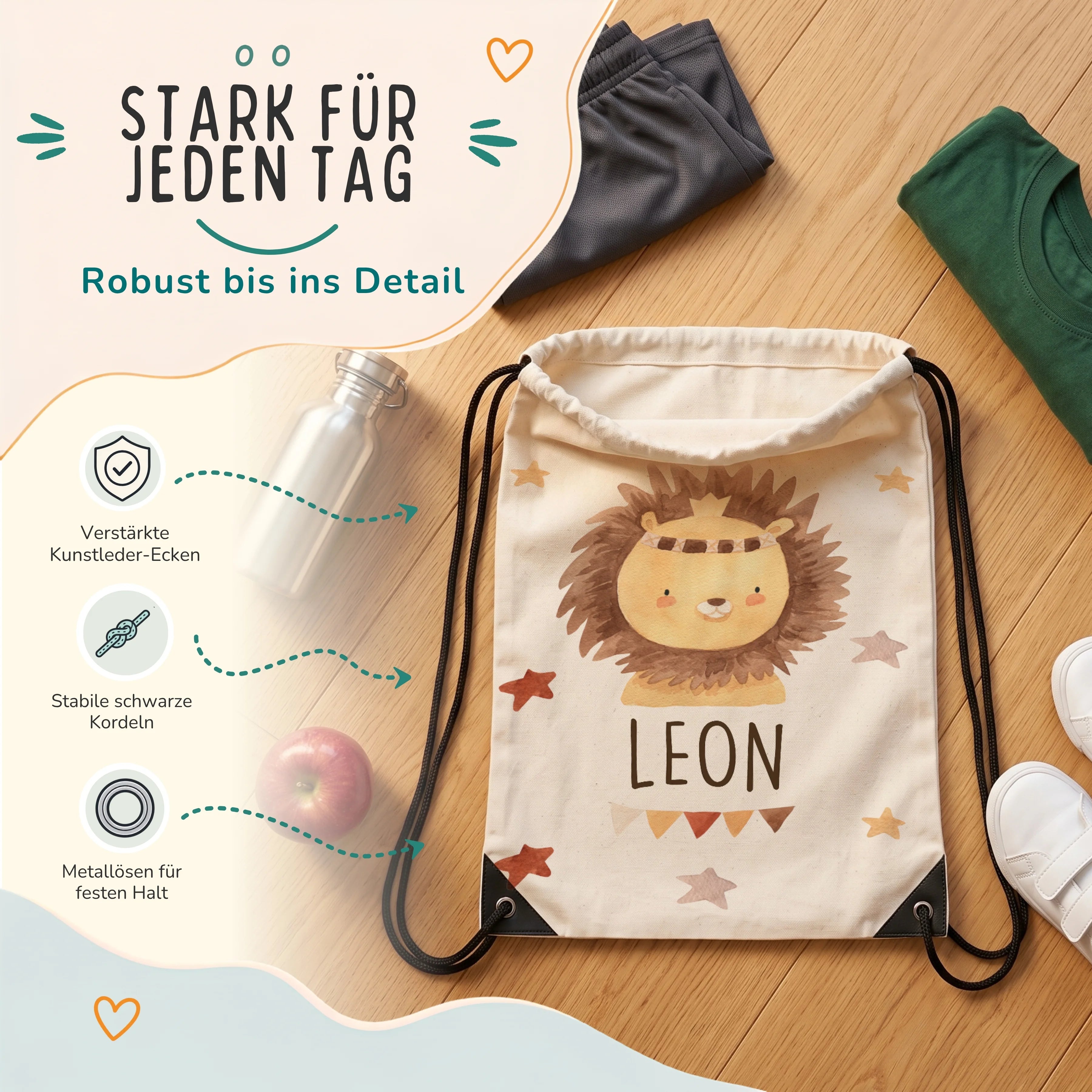 Personalisierter Turnbeutel Löwe mit Kranz, verstärkte Kunstleder-Ecken und Metallösen im Detail