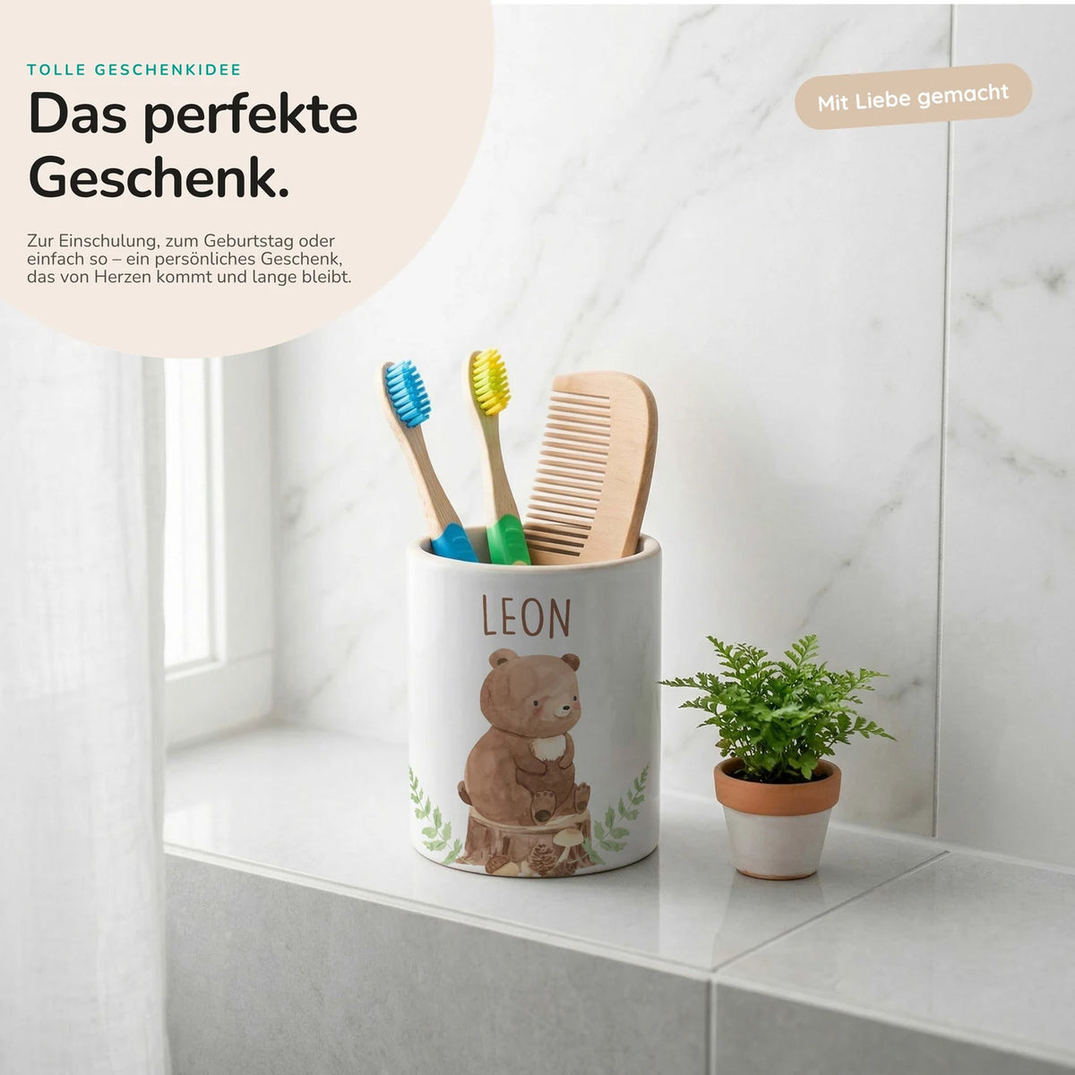 Personalisierter Stiftehalter Bär Wald – Keramik mit Wunschname