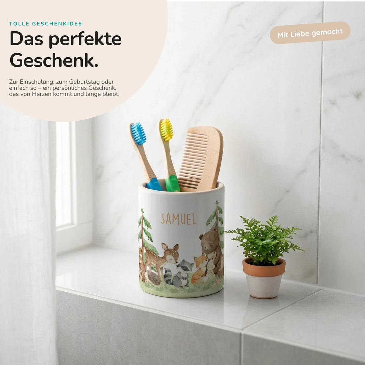 Personalisierter Stiftehalter Waldfreunde III – Keramik mit Wunschname