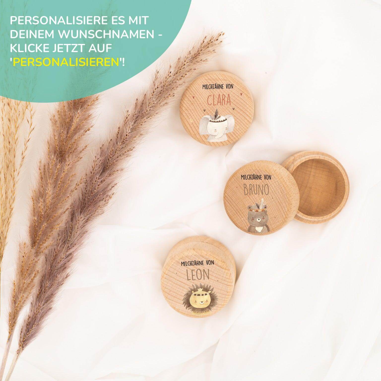 Personalisierte Holz Zahndosen mit namen Clara, Bruno und Leon für kleine Schätze der Milchzähne.