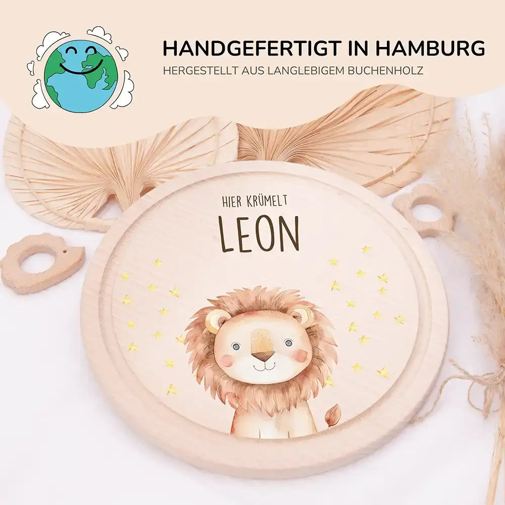 Rundes personalisiertes Frühstücksbrettchen Löwe mit Namen für Kinder