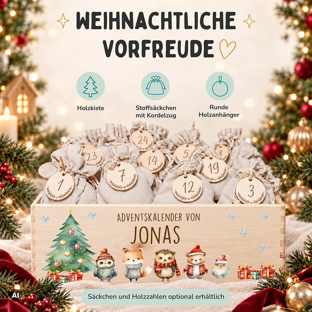Adventskalender zum Befüllen "Weihnachten mit Tierfreunden" personalisiert