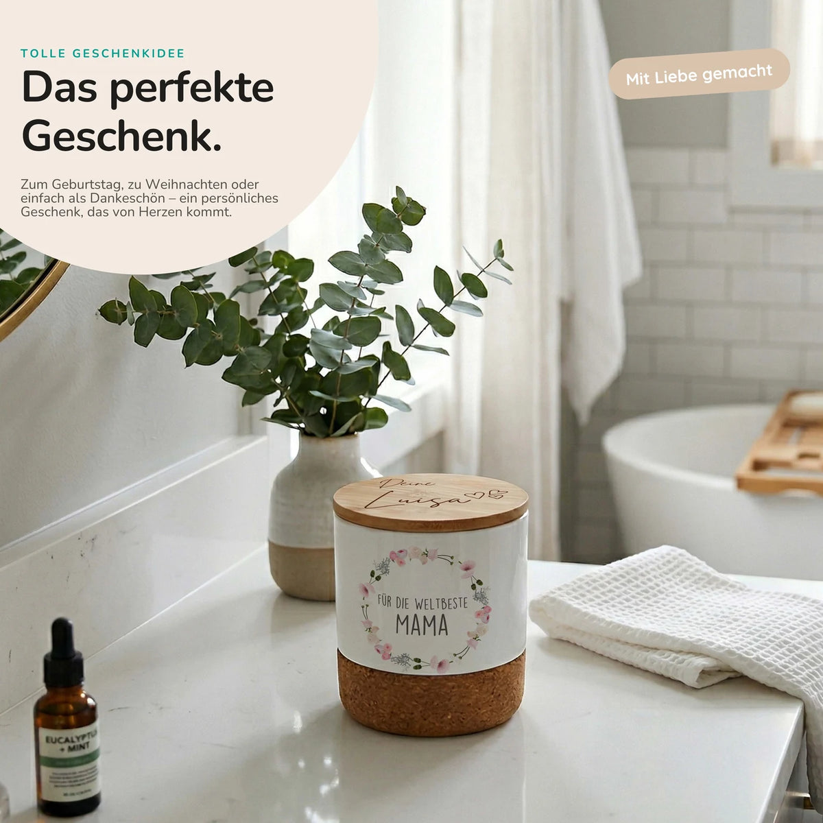 Duftkerze Vanille Keramik – Mama Blumenkranz mit Wunschname