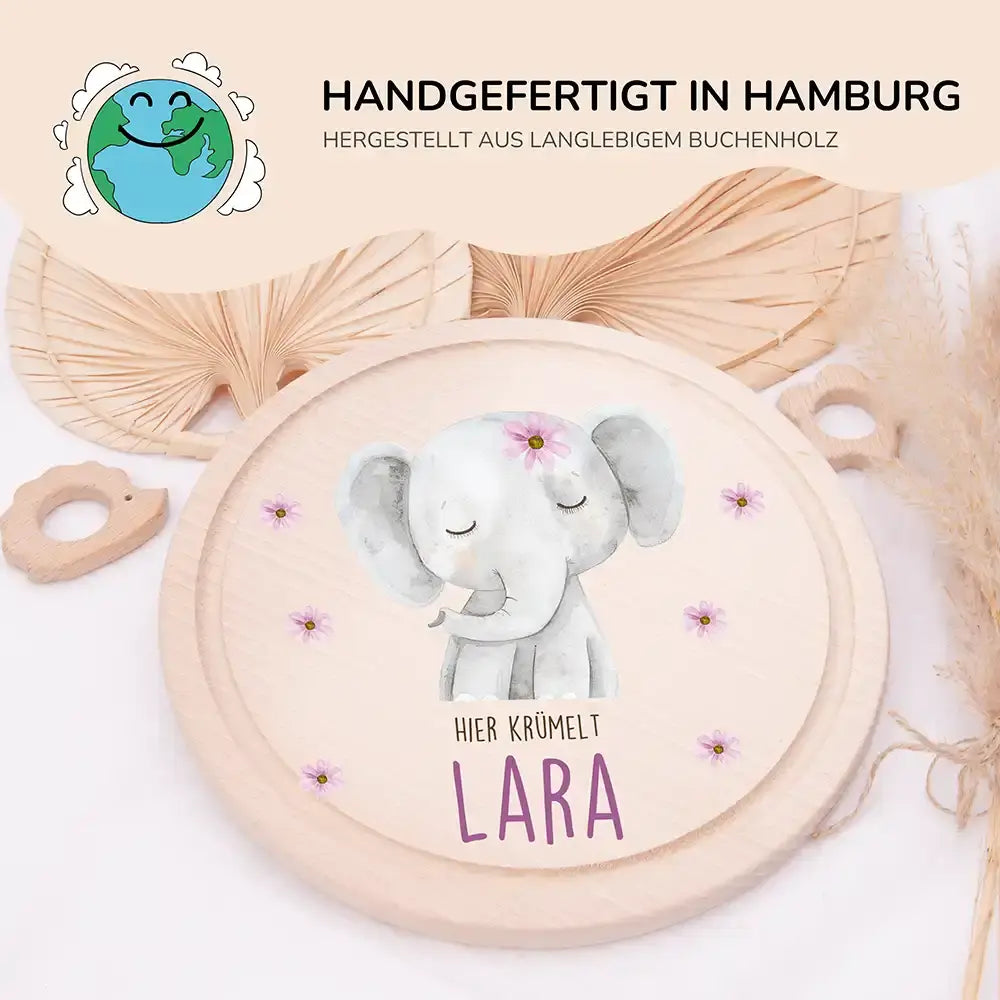 Rundes personalisiertes Frühstücksbrettchen Elefant Pünktchen mit Namen für Kinder
