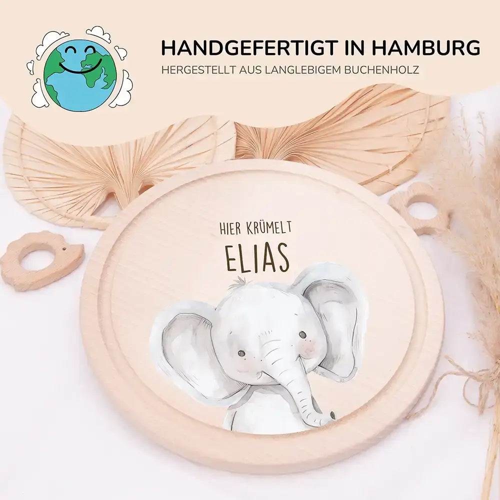 Rundes personalisiertes Frühstücksbrettchen Elefant mit Namen für Kinder