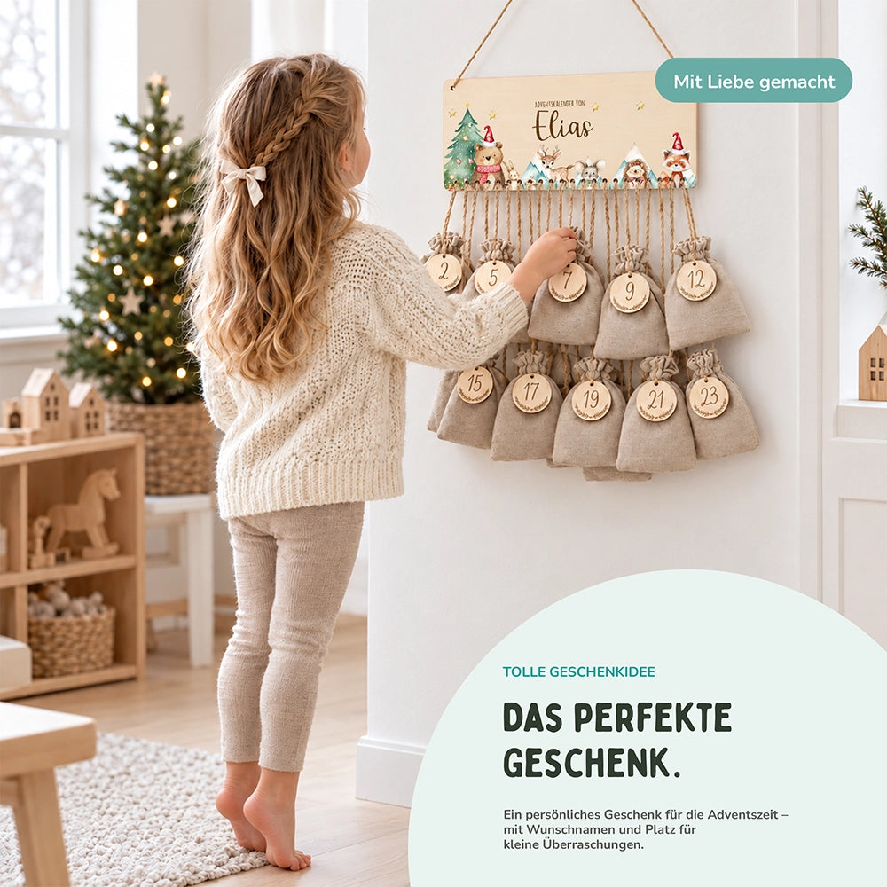 Personalisierbarer Adventskalender farbig - Glückliche Waldtiere
