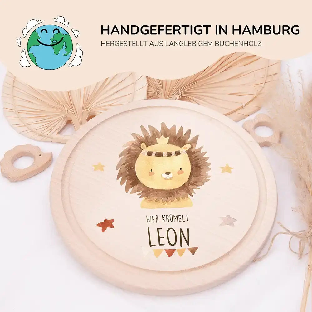 Rundes personalisiertes Frühstücksbrettchen Boho Löwe mit Namen für Kinder
