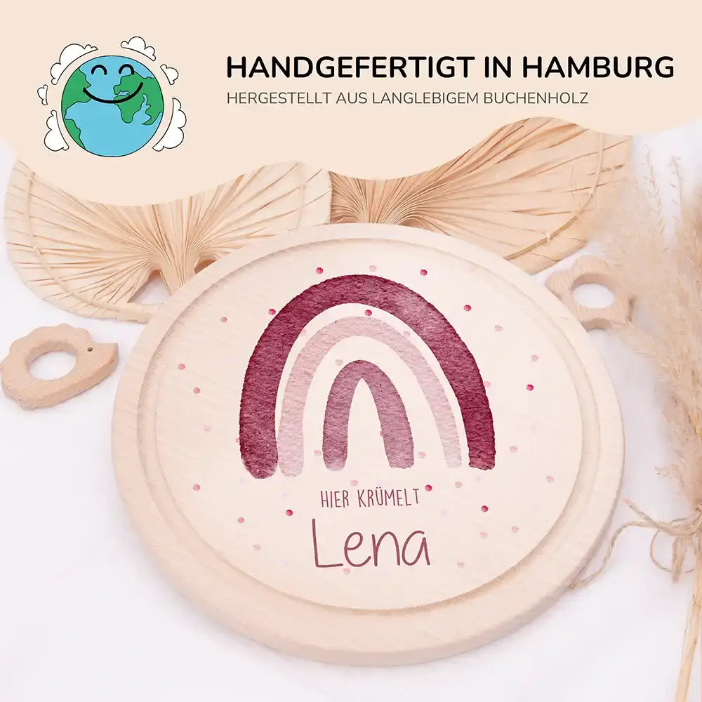 Rundes personalisiertes Frühstücksbrettchen Regenbogen mit Namen für Kinder