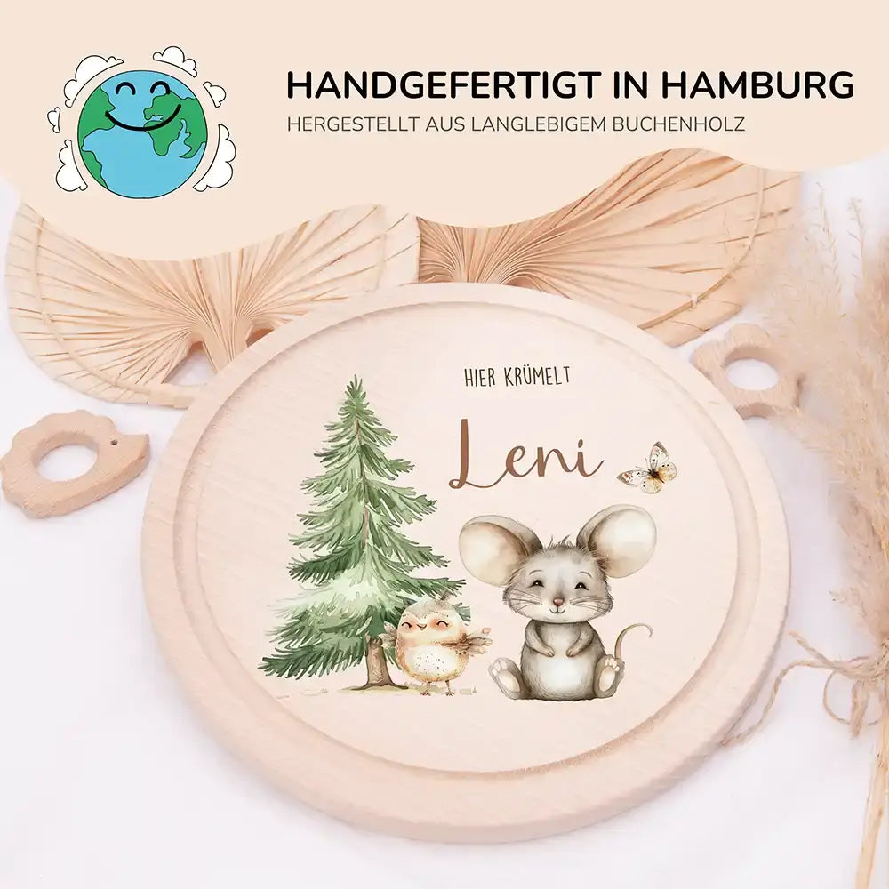 Rundes personalisiertes Frühstücksbrettchen Springmaus mit Namen für Kinder