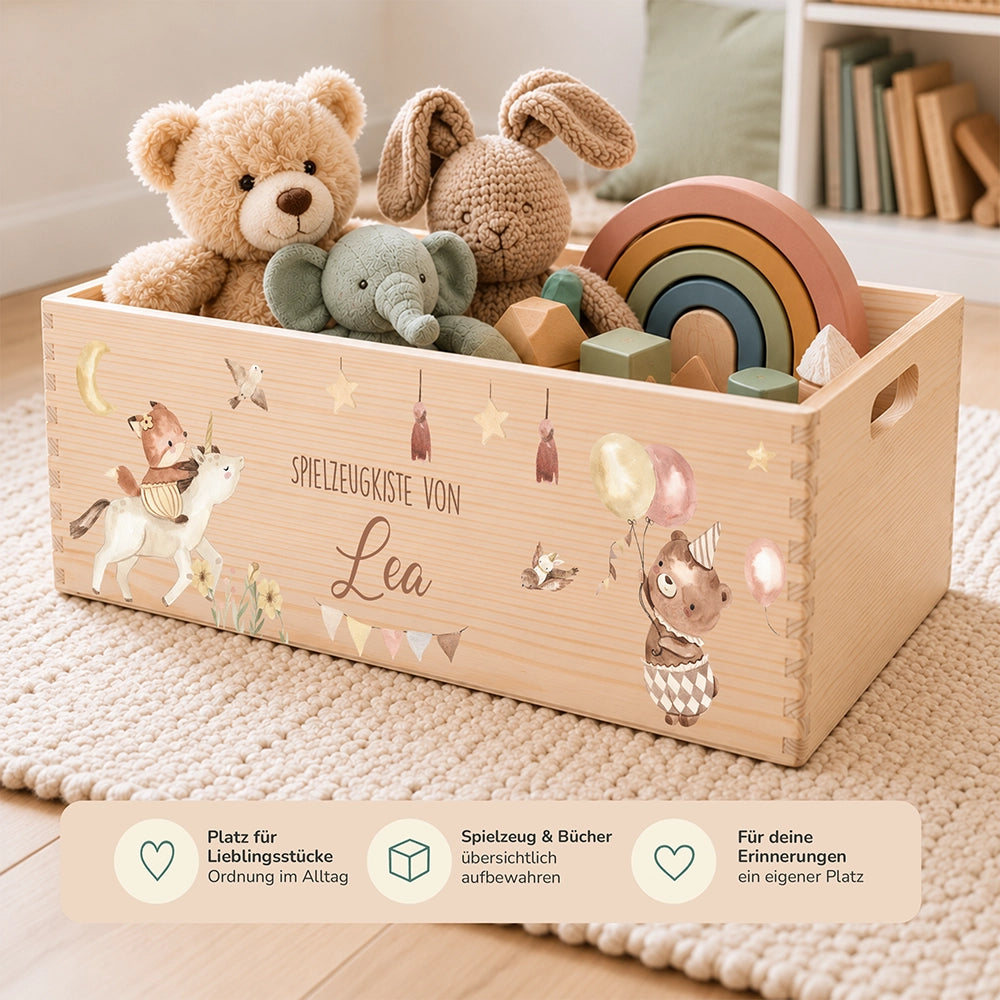 Spielzeugkiste personalisiert mit Namen - Regenbogen Fantasiewelt