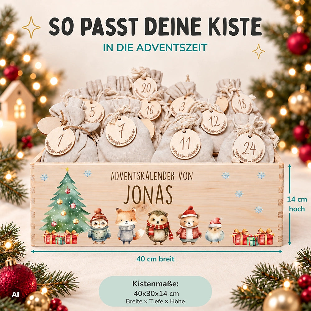 Adventskalender zum Befüllen "Weihnachten mit Tierfreunden" personalisiert