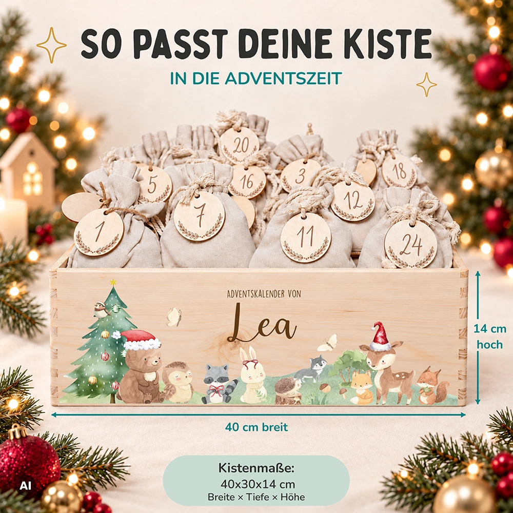 Adventskalender zum Befüllen "Weihnachten mit winterlichen Tierfreunden" personalisiert