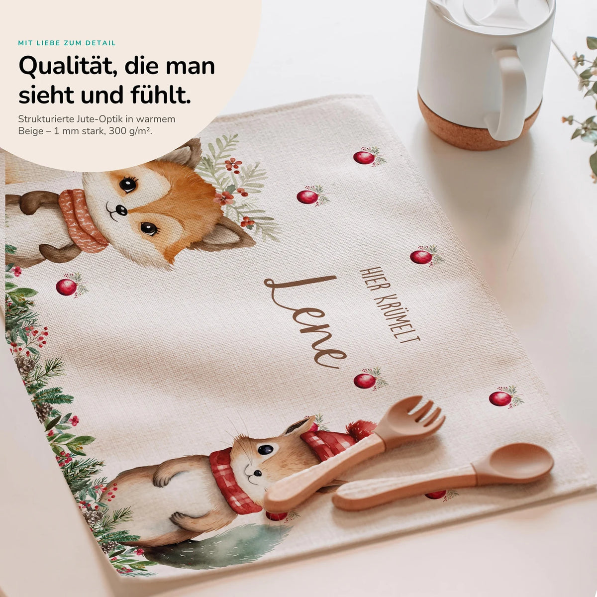 Tischset Kinder personalisiert Weihnachtsmotiv - Tierfreunde im Wald