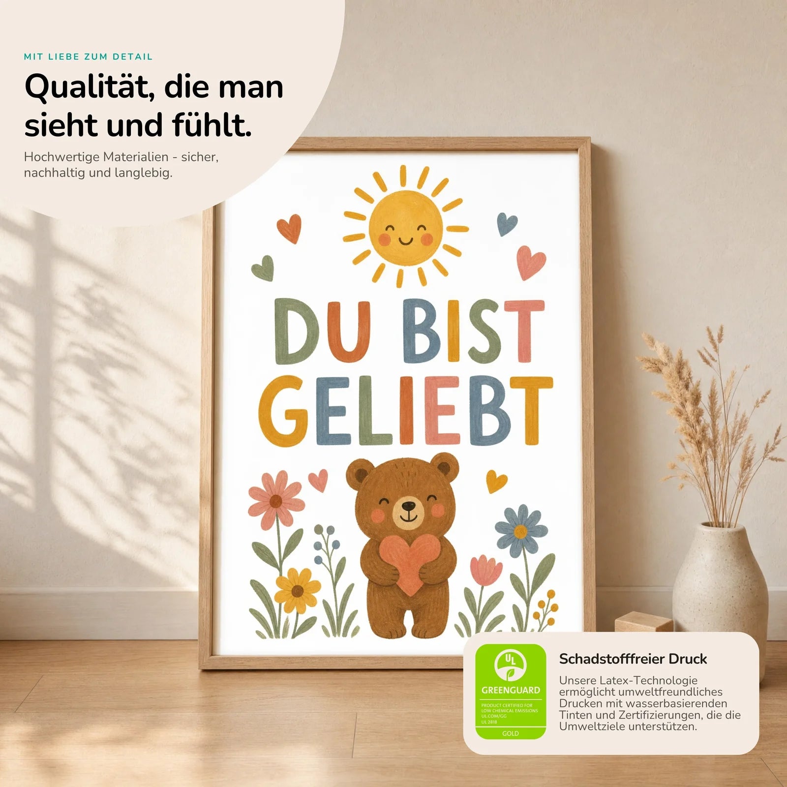 Affirmationsposter Kinderzimmer Bär Du bist geliebt, Nahaufnahme der Affirmationen
