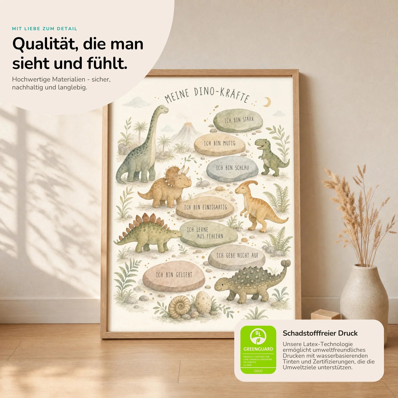 Affirmationsposter Kinderzimmer Dino-Kräfte, Nahaufnahme der Affirmationen